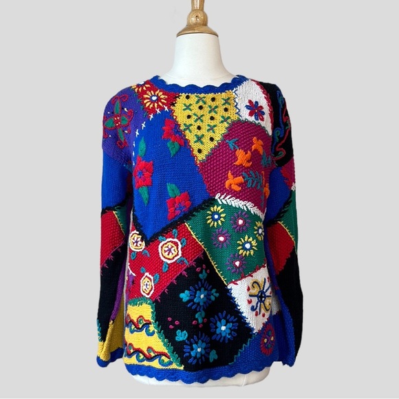 CASUAL CORNER Vintage 90s Hand Knit Patchwork Embroidered Sweater Novelty Size M - Picture 1 of 15